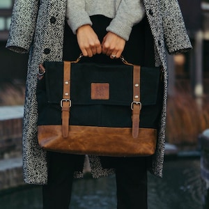 Work Satchel Messenger Bag | Wax Canvas Laptop Bag | Black Work Bag | Briefcase Waxed Bag | Commuter Bag | Gift for Him | Gift for Her