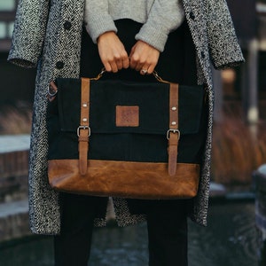 Sac messager en toile cirée | Cartable de travail | à bandoulière pour homme et femme | Fait de cuir de récupération et de toile cirée | Cadeau pour lui