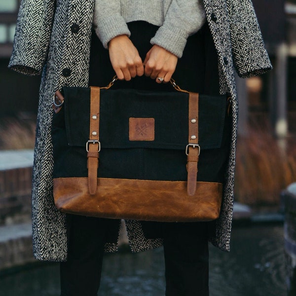 Work Satchel Messenger Bag | Wax Canvas Laptop Bag | Black Work Bag | Briefcase Waxed Bag | Commuter Bag | Gift for Him | Gift for Her