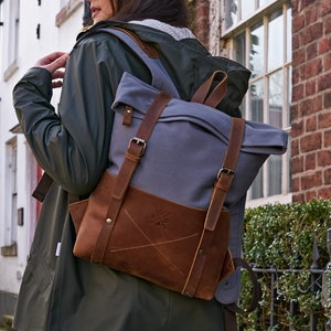 Backpack Made From Canvas and Reclaimed Leather | Men&#39;s and Women&#39;s Rucksack | Water Resistant | Travel Bag | Gift For Her | Back to School