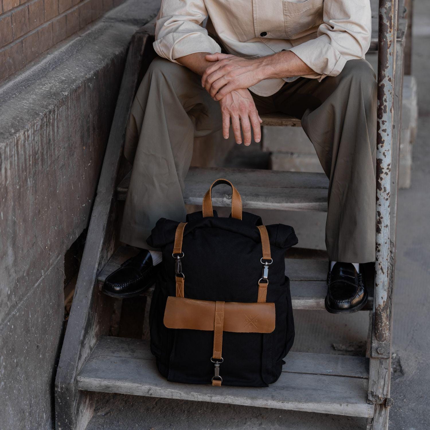 Black Vintage Travel Backpack Made From Canvas & Reclaimed 