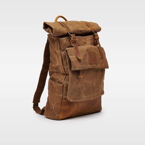 Taw Tan Roll Top Backpack Leather Rucksack Stylish 17in Laptop Bag Waxed Canvas Travel Bag Unisex Brown Backpack Gift for Him image 7