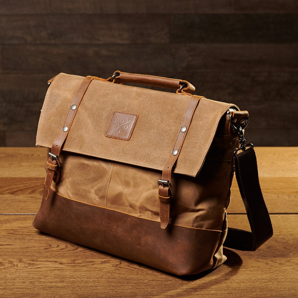 Waxed Canvas Messenger Bag Tan Laptop Bag Leather | Etsy UK
