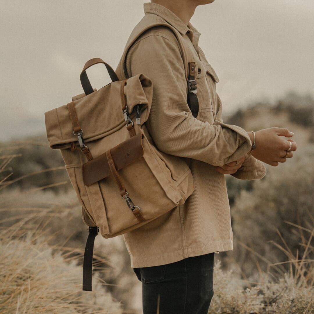 Vintage Canvas Backpack Daypack Casual Outdoor Travel Rucksack Leather Trim Amazon.com: GEARONIC Vintage Canvas Backpack, Casual Daypack  main image 3