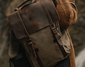 Tamar Canvas Backpack | Durable Leather Rucksack | Stylish 15in Laptop Bag | Aesthetic Large Travel Bag | Unisex Backpack