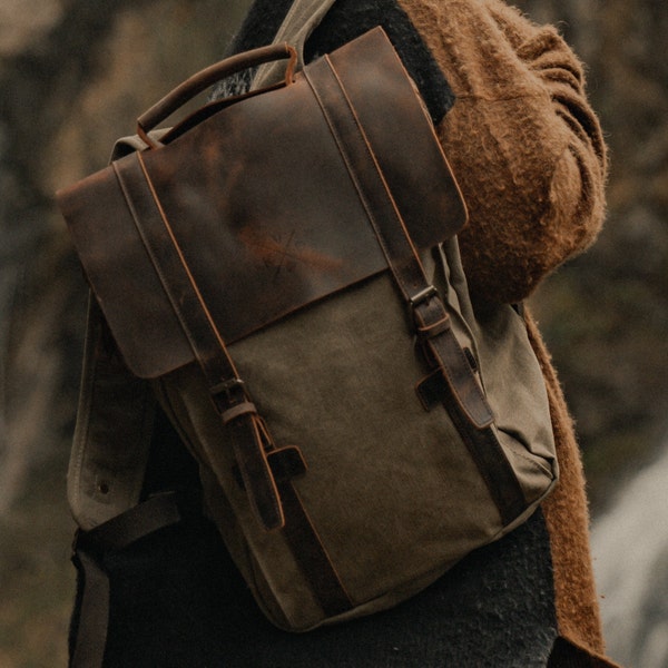 Tamar Canvas Rucksack | Strapazierfähiger Lederrucksack | Stilvolle 15-Zoll-Laptoptasche | Ästhetische große Reisetasche | Unisex-Rucksack