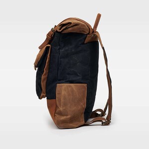 Taw Wax Canvas Backpack Waxed Canvas Vintage Leather Rolltop Backpack Unisex Black Rucksack Wax Canvas Bag Black Gift for Him image 7