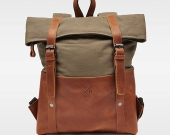 Witham Canvas Backpack | Durable Leather Rucksack | Modern 17in Laptop Bag | Travel Bag | Adjustable Unisex Backpack
