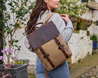 Tamar Brauner Canvas-Rucksack | Canvas Vintage Rucksack | Rucksack aus recyceltem Leder | Canvas-Rucksack | Canvas-Tasche Braun | Geschenk für Ihn