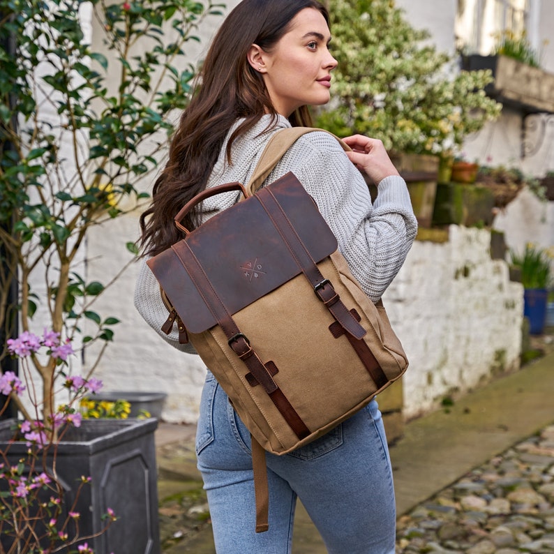 Tamar Brown Canvas Backpack Canvas Vintage Rucksack Reclaimed Leather Backpack Canvas Rucksack Canvas Bag Brown Gift for Him image 1