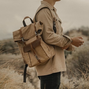 Tay Canvas Backpack | Brown Leather Rucksack | Stylish 15inch Laptop Bag | Aesthetic Large Travel Bag | Unisex Backpack | Gift for Him