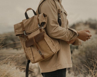 Rugged Vintage-Style Graphite Canvas & Leather Backpack - for Men - Delton Bags