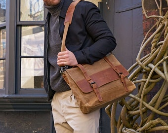 Medway Brown Leather Satchel Bag | Waxed Canvas Messenger Bag | Leather Laptop Bag | Commuting Shoulder Bag | Gift for Him | Gift for Her