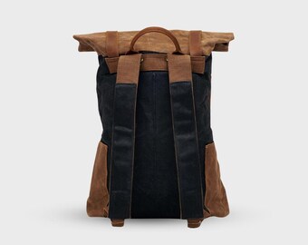 Zaino vintage – Zaino in tela cerata e pelle / Borsa da viaggio e per laptop da uomo / Materiali sostenibili / Zaino con chiusura a rullo / Avventura - Italia