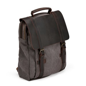Tamar Canvas Backpack Heavy-Duty Canvas Rucksack Reclaimed Leather Vintage Backpack Canvas Bag Brushed Grey Unisex image 4