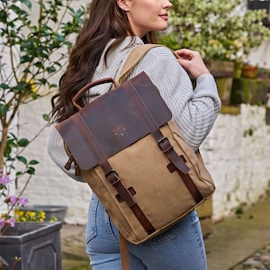 Vintage Waxed Canvas Rucksack | Travel Backpack | Made From Reclaimed Leather | Fits 15&quot; Laptop | Gift For Her