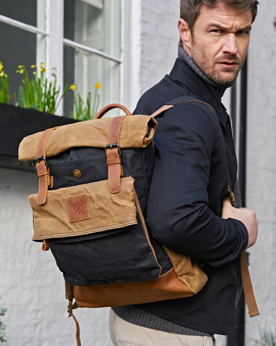 Zaino Vintage Uomo In Tela Cerata E Pelle, Impermeabile, Grande, Stile Militare, Da Viaggio