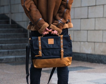 Mersey Black Messenger Bag | Durable Leather Canvas Bag | Stylish 16inch Laptop Bag | Aesthetic Travel Bag | Water Resistant Commuter Bag