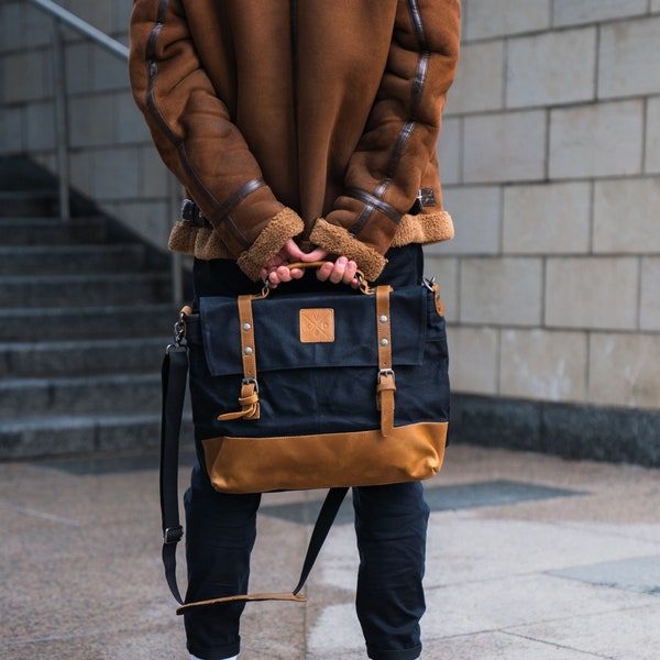 Mersey Black Messenger Bag | Durable Leather Canvas Bag | Stylish 16inch Laptop Bag | Aesthetic Travel Bag | Water Resistant Commuter Bag