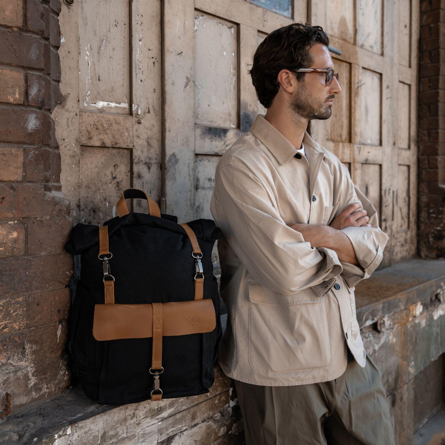 Quilted Black & Cream Canvas Backpack with Brown Trim Canvas Backpack – Clayton & Crume main image 3