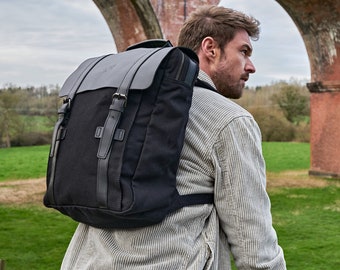 Tamar Canvas Backpack | Durable Leather Rucksack | Stylish 15in Laptop Bag | Black Travel Bag | Adjustable Unisex Backpack | Gift for Him