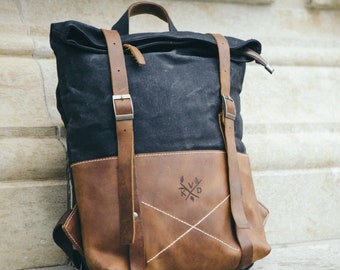 Thames Canvas Backpack | Durable Leather Rucksack | Modern 17in Laptop Bag | Aesthetic Large Travel Bag | Unisex Backpack | Black or Grey