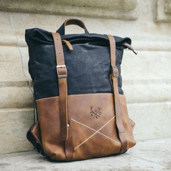 Thames Canvas Backpack | Durable Leather Rucksack | Modern 17in Laptop Bag | Aesthetic Large Travel Bag | Unisex Backpack | Black or Grey