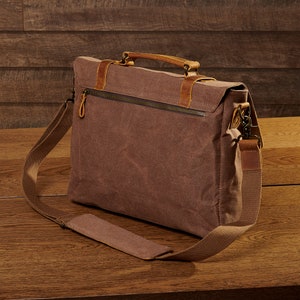 Medway Brown Leather Satchel Bag Waxed Canvas Messenger Bag Leather Laptop Bag Commuting Shoulder Bag Gift for Him Gift for Her image 2