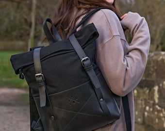 Witham Canvas Black Backpack | Durable Leather Rucksack | Modern 17in Laptop Bag | Aesthetic Large Travel Bag | Unisex Backpack | Gift