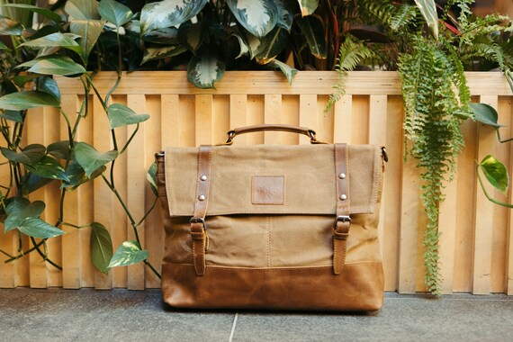 Mersey Waxed Canvas Messenger Bag Tan Laptop Bag Leather 