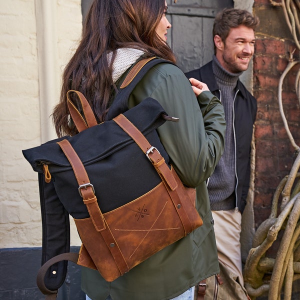 Witham Canvas Backpack | Leather Rucksack | Modern 17inch Laptop Bag | Aesthetic Travel Bag | Unisex Backpack | Gift for Him | Gift for Her