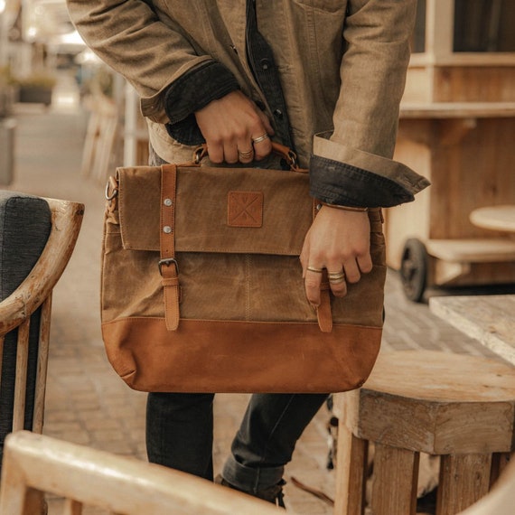 Mersey Waxed Canvas Messenger Bag Brown Laptop Bag Leather Briefcase Unisex Wax  Canvas Messenger Bag Travel Satchel Gift for Him 