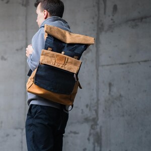 Taw Wax Canvas Backpack Waxed Canvas Vintage Leather Rolltop Backpack Unisex Black Rucksack Wax Canvas Bag Black Gift for Him image 3