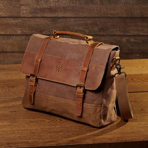 Medway Brown Leather Satchel Bag Waxed Canvas Messenger Bag Leather Laptop Bag Commuting Shoulder Bag Gift for Him Gift for Her image 1