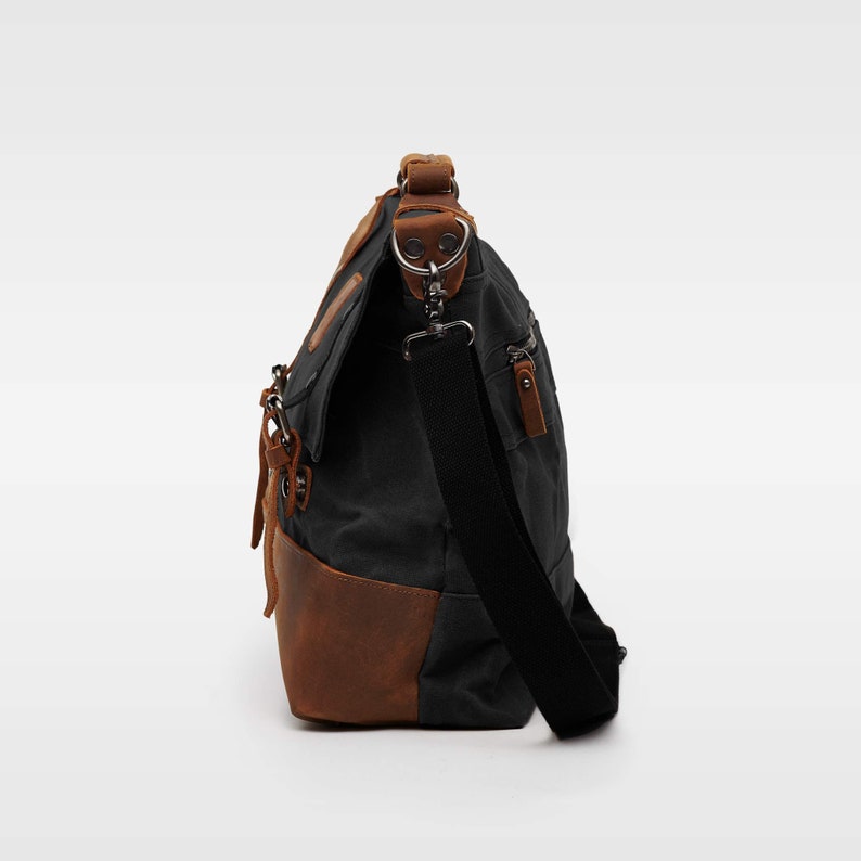 Mersey Black Messenger Bag Durable Leather Canvas Bag Stylish 16inch Laptop Bag Aesthetic Travel Bag Water Resistant Commuter Bag image 7