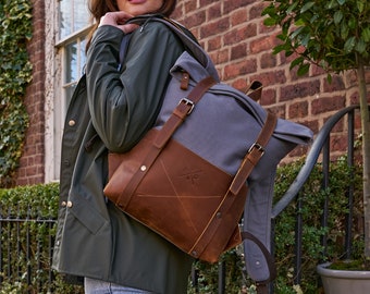 Witham Canvas Backpack - Canvas Vintage Reclaimed Leather Backpack | Recycled Leather | Canvas Rucksack | Canvas Bag Blue | Blue Backpack