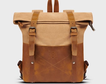 Witham Tan Backpack | Medium Reclaimed Leather Rucksack | 17" Laptop Bag | Brown Unisex Backpack | Canvas Backpack | Gift for Him