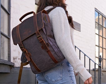 Tamar Canvas Backpack | Heavy-Duty Canvas Rucksack | Reclaimed Leather | Vintage Backpack | Canvas Bag Brushed Grey | Unisex