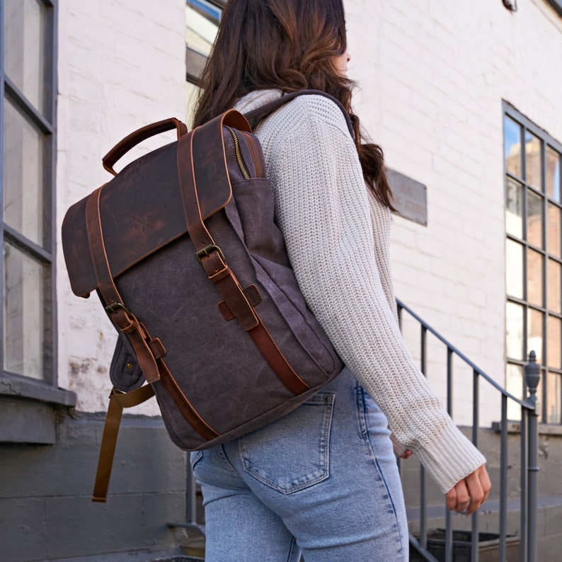 Tamar Canvas Backpack Heavy-Duty Canvas Rucksack Reclaimed Leather Vintage Backpack Canvas Bag Brushed Grey Unisex image 1