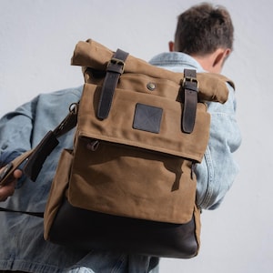 Reclaimed Leather Rolltop Backpack | Waxed Canvas Leather Rucksack | Vintage Travel Bag | Water Resistant | Gift for Him