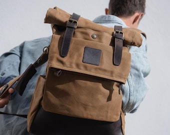 Reclaimed Leather Rolltop Backpack | Waxed Canvas Leather Rucksack | Vintage Travel Bag | Water Resistant | Gift for Him