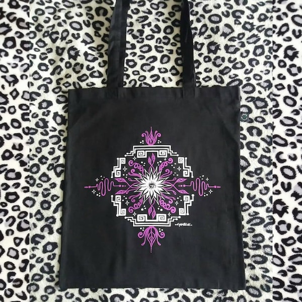 Organic Tote Bag-"Electric Flower"-Eco Friendly-Tribal-Psytrance-Festival-Cyber-Shamanic-Psychedelic-witchy-Alternative Dark Clothing