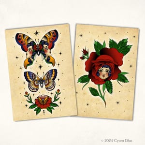 Mini stampe 1 o 2 - Cartoline - Flash tatuaggio - Rosa - Vintage