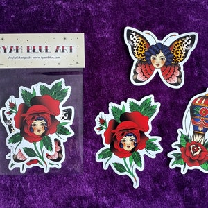 3 Adesivi - Pacchetto Adesivi - 10/12 cm - Flash Tattoo - Rosa - Farfalla - Vintage - Old school tattoo