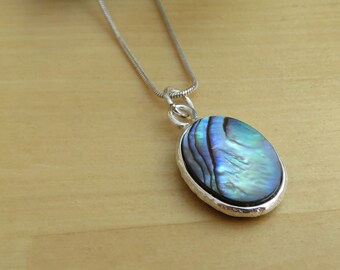 Beautiful Abalone Paua Shell Cabachon in Sterling Silver Bail Necklace Birthday Gift for Her