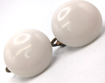 Vintage White Milk Glass Japan Clip On Button Earrings 1940s 1950s