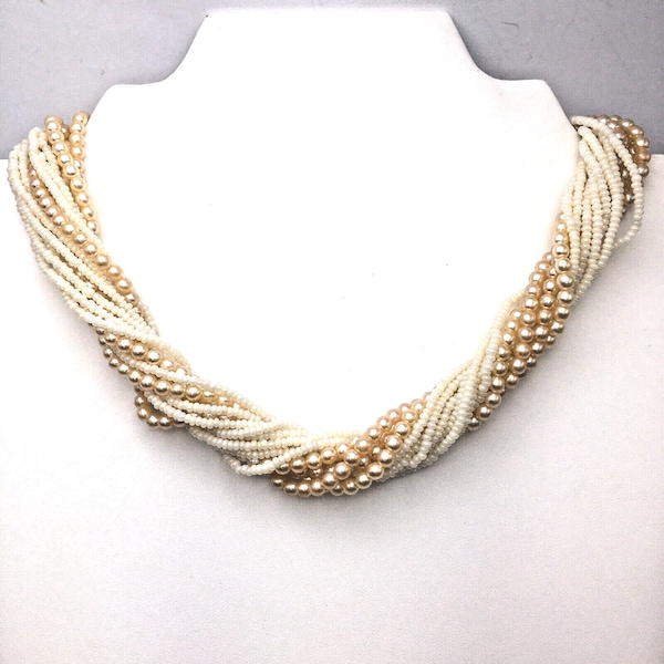 Vintage Faux Pearl and Seed Bead Multi-Strand Torsade Choker Fish Hook Clasp