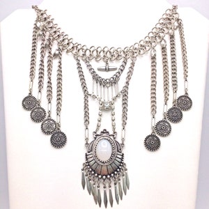 Silver Tone Faux Opal Rhinestone Chain Fringe Necklace Egyptian Revival image 1