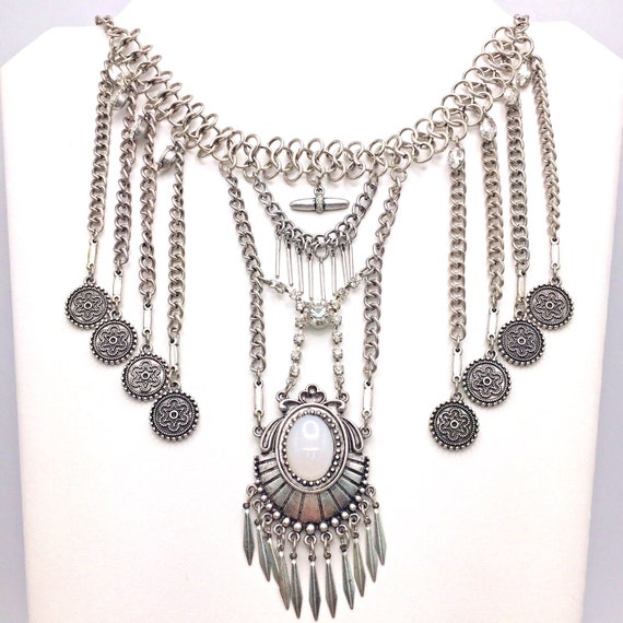 Silver Tone Faux Opal Rhinestone Chain Fringe Nec… - image 1