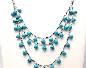 Multi-Strand Faux Turquoise Bungelkraal Bar Link Ketting Ondertekend Fossiel